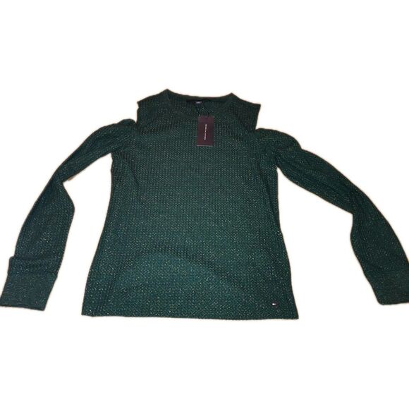 Tommy Hilfiger Womens Top Sz MED Metallic Cold Shoulder T-Shirt In Green & Gold - Picture 3 of 9